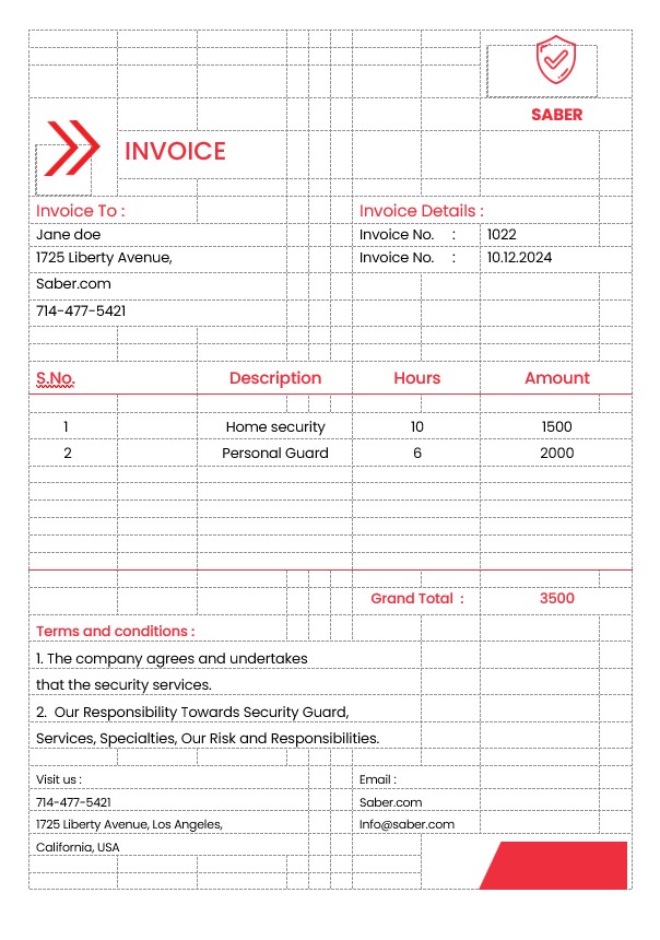 Security Guard Services Invoice Template PSD template